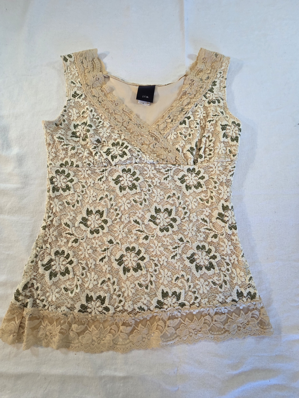 Y2k Lace Floral V-Neck Tank Top in Beige and Olive